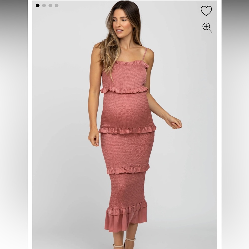Pink Blush Maternity Mauve Satin Smocked Fitted Maternity Midi Dress Size Small